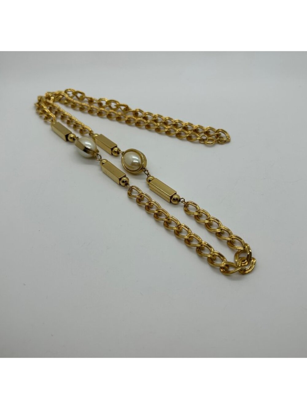 Vintage Gold Tone Chain Necklace With Faux Pearl & Bar Station Long Retro Design